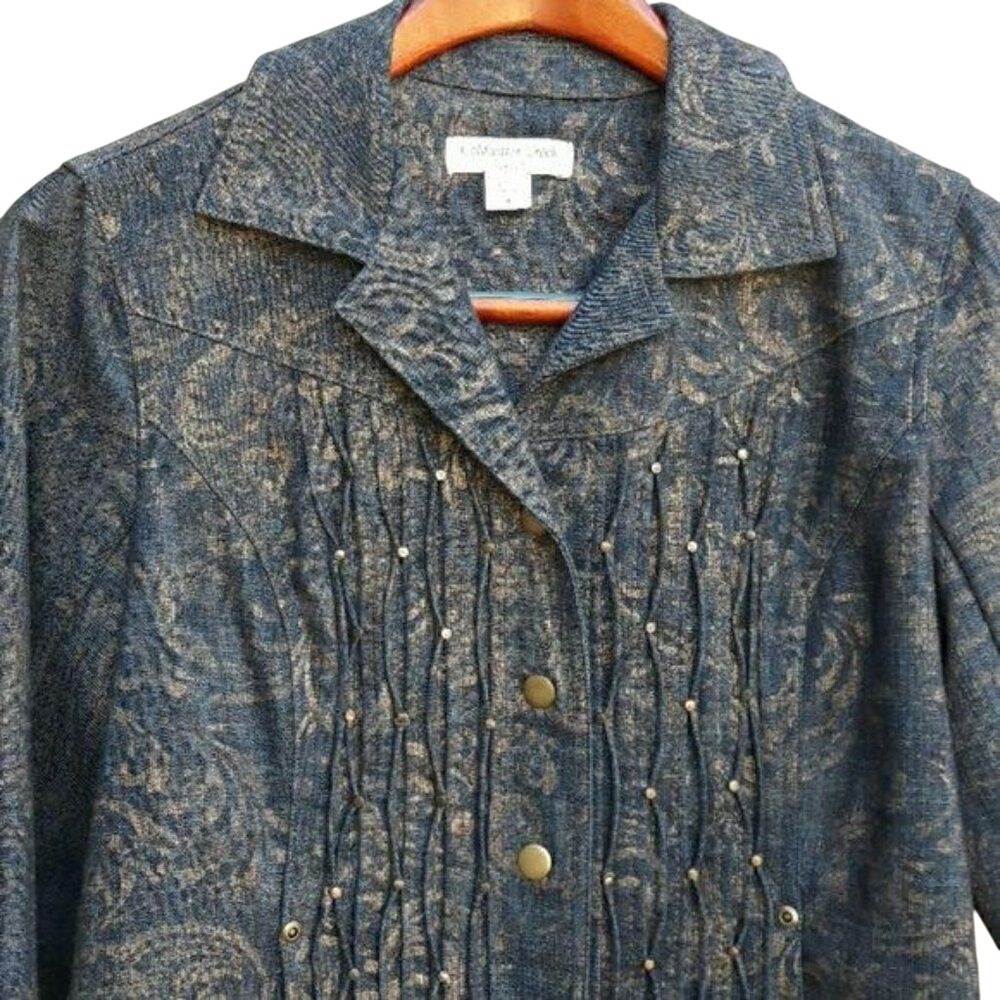 Vtg 90s Western ‎ Gold Metallic Print Jean Jacket Sz 4 Pintuck Studded Rodeo